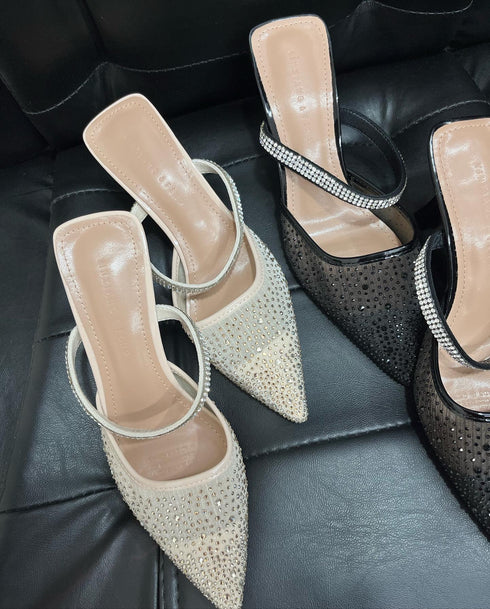 Pointed Toe Lace Mess Stone Embellished Heels